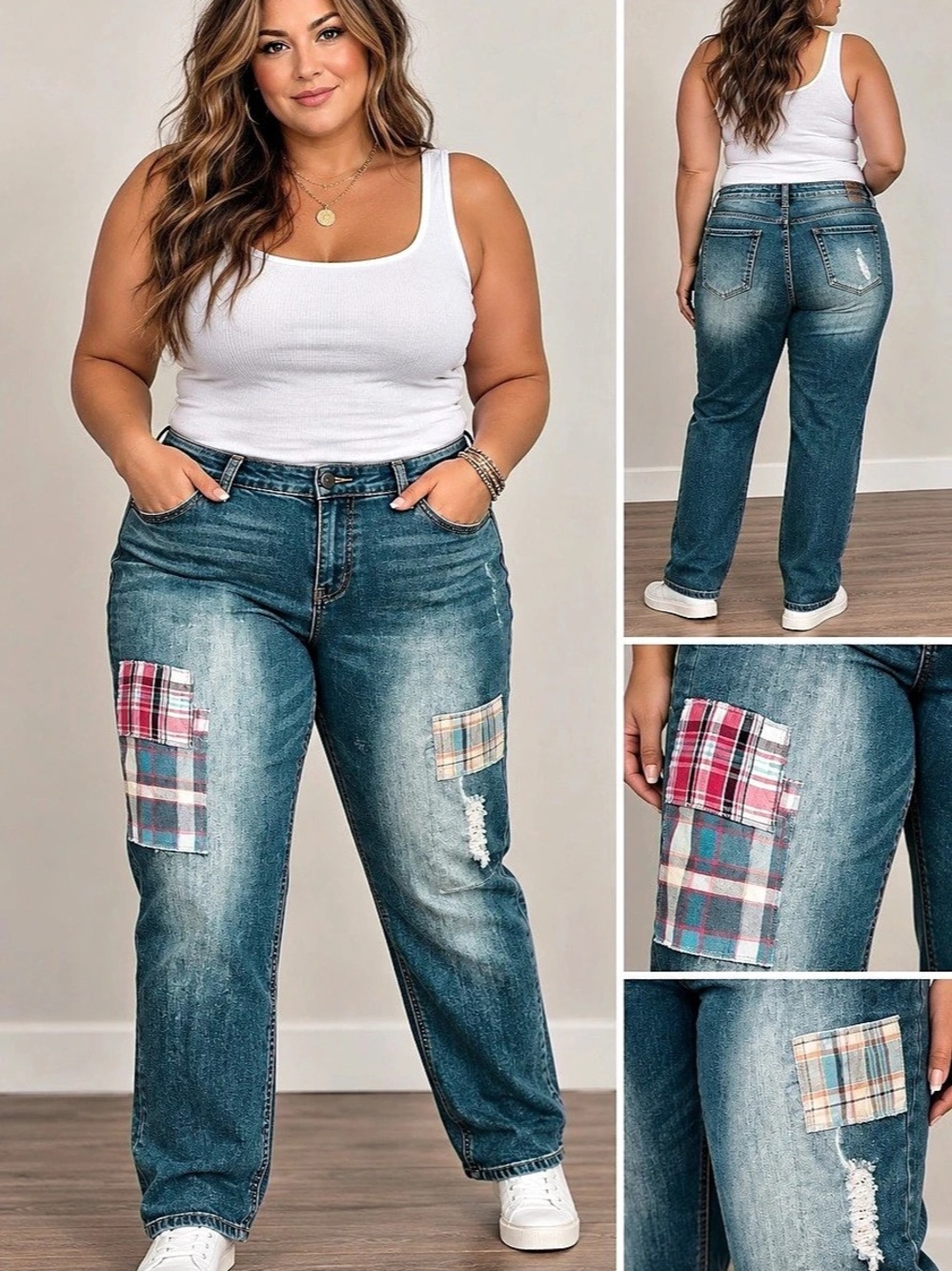 ZANADI Women's Plaid Patchwork Boyfriend Jeans in Blue size 20 W